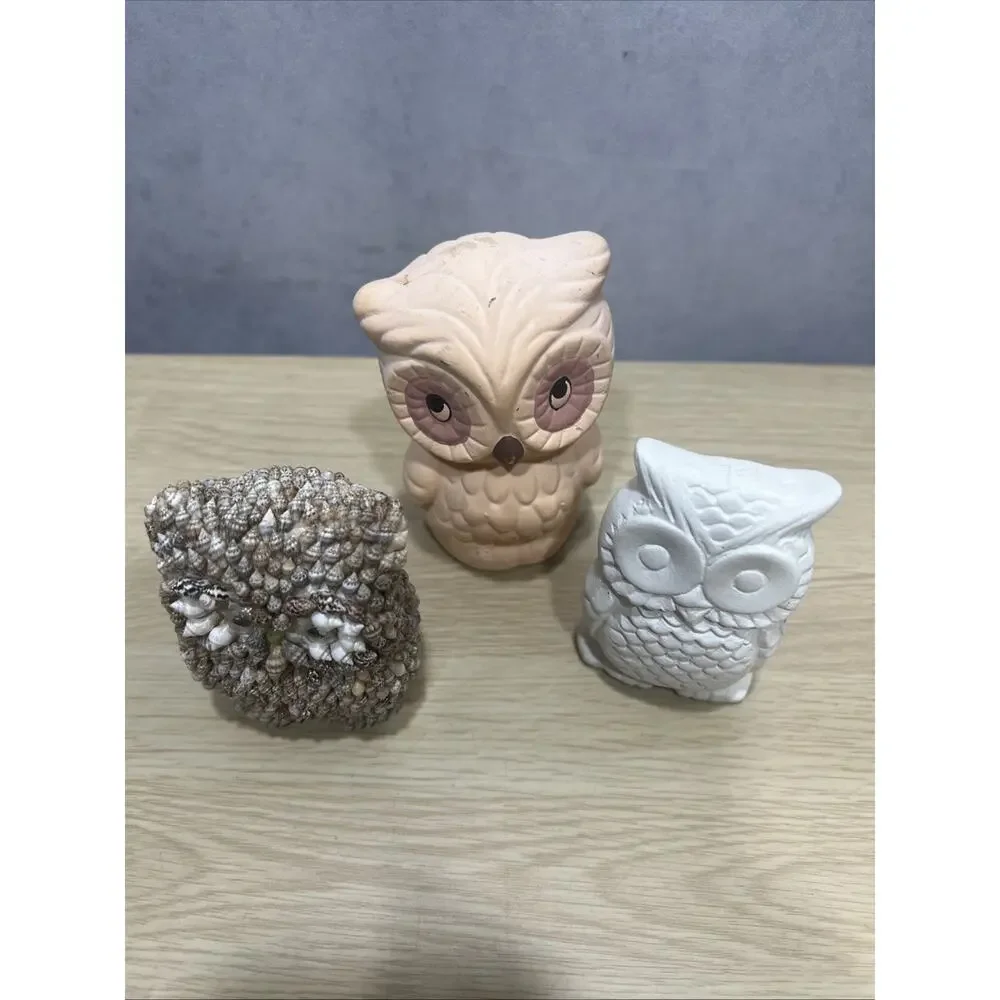 Vintage Sea Owls Shell /Chalk Folk Art Sculpture Owl Figurine Google Eyes Lot 3 - Picture 4 of 7